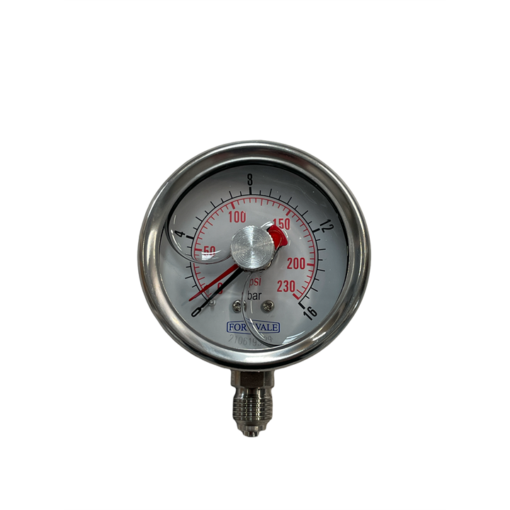 PRESSURE GAUGE, 2.5" DIAMETER, 0-16 BAR, 1/4"BSP CONNECTION, STAINLESS HOUSING, TELL TALE