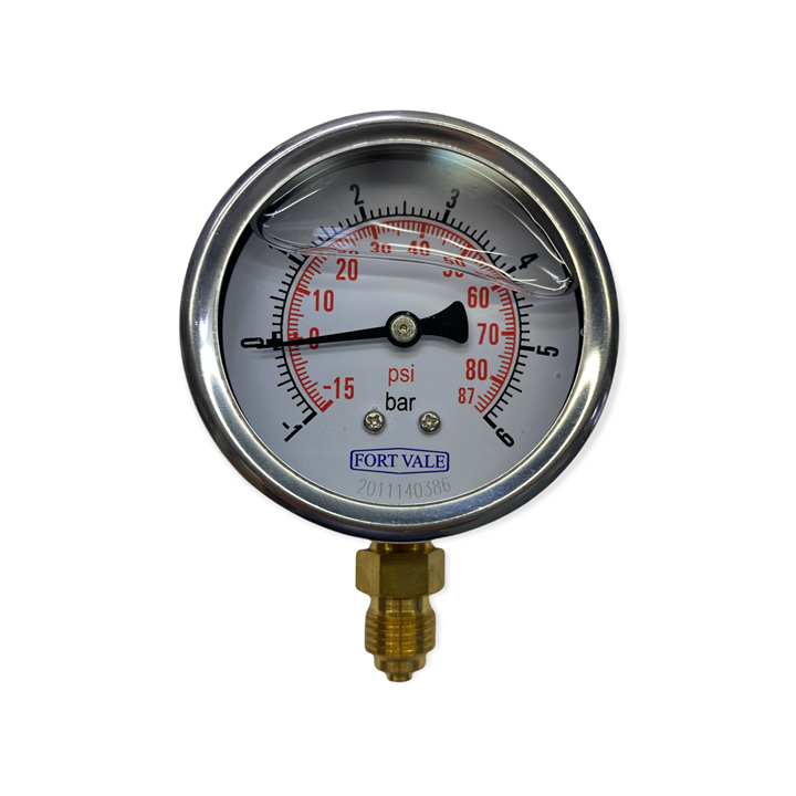 PRESSURE GAUGE, 2.5" DIAMETER, MINUS 1 TO 6BAR, 1/4"BSP CONNECTION, BRASS HOUSING
